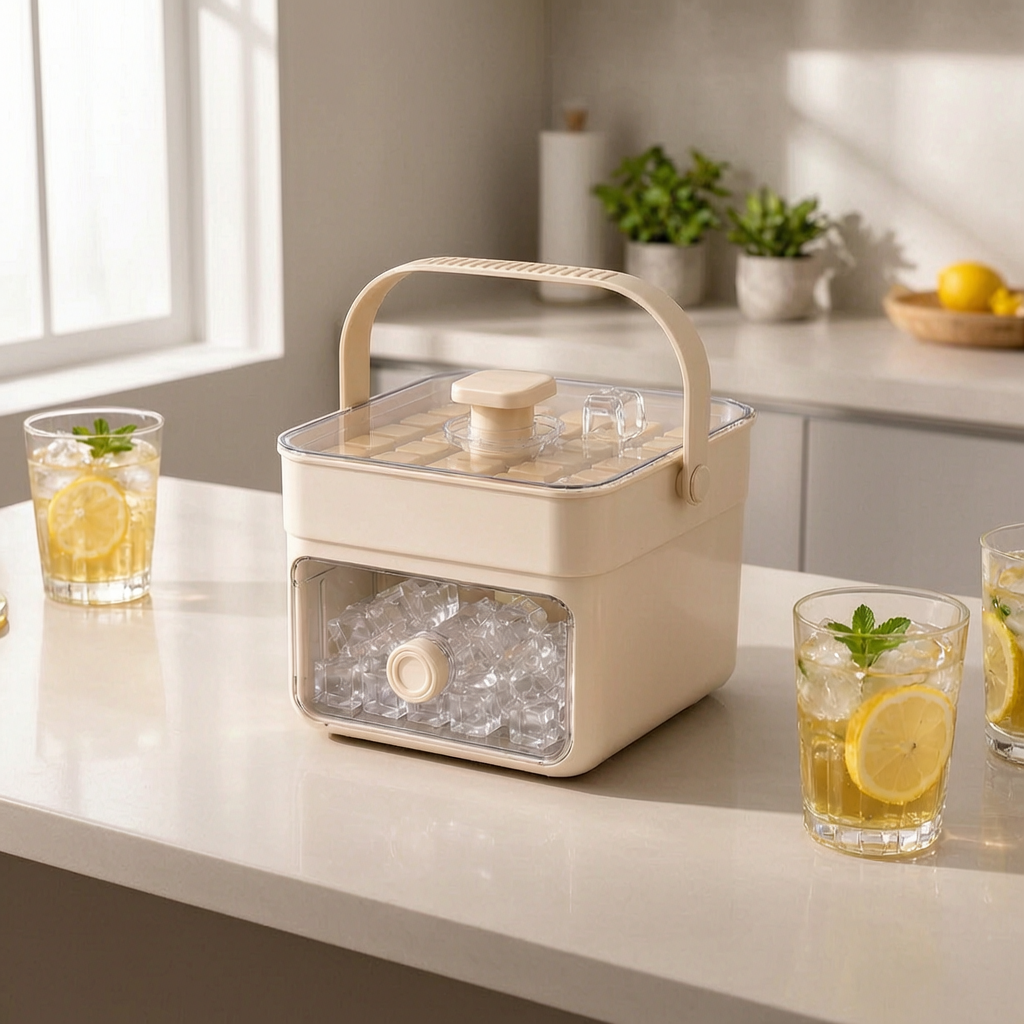 Bandejas apilables para cubitos de hielo en una cocina luminosa