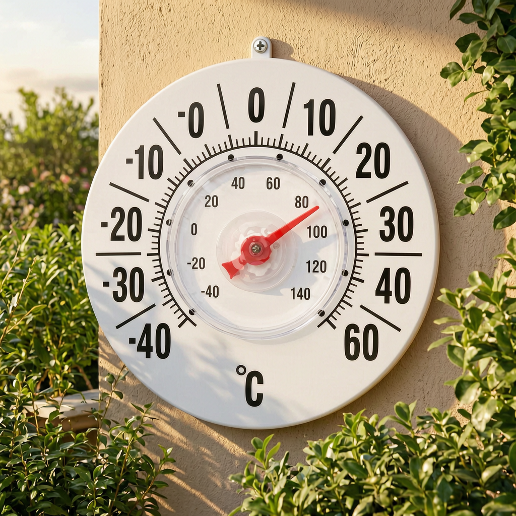 Termómetro exterior en la fachada de una terraza soleada