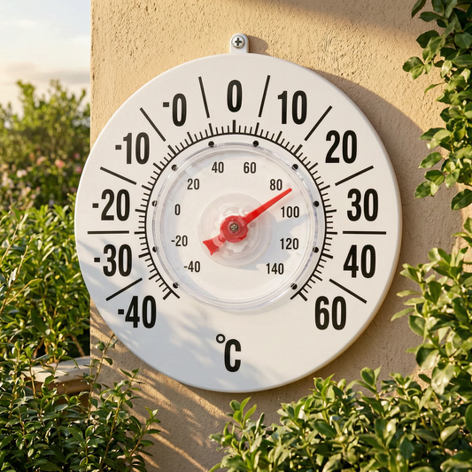 Termómetro exterior en la fachada de una terraza soleada