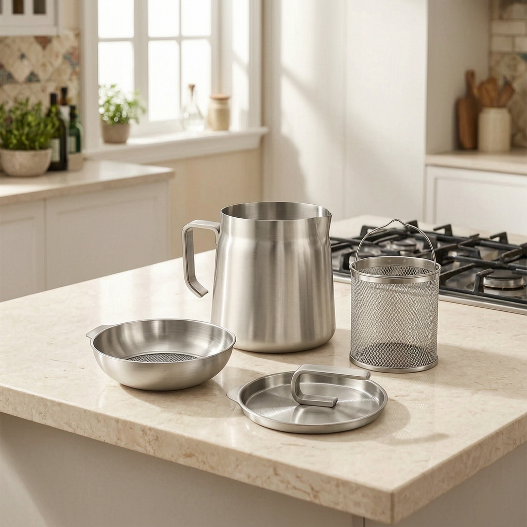 Colador de aceite de acero inoxidable en una cocina luminosa