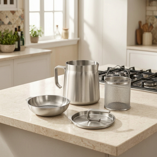 Colador de aceite de acero inoxidable en una cocina luminosa