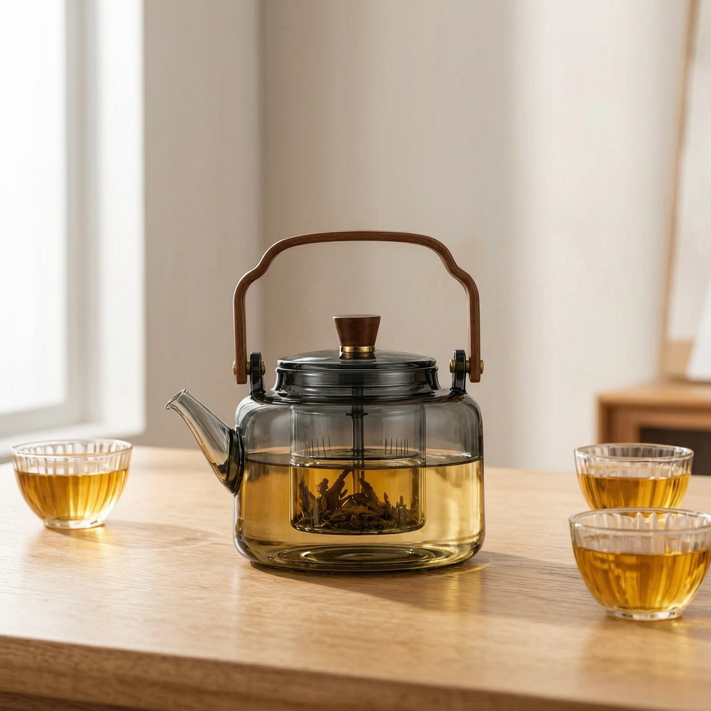 Tetera de vidrio con asa de madera en una mesa luminosa