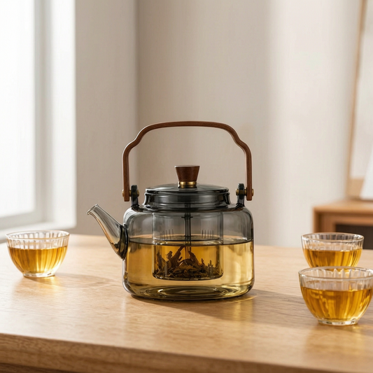 Tetera de vidrio con asa de madera en una mesa luminosa