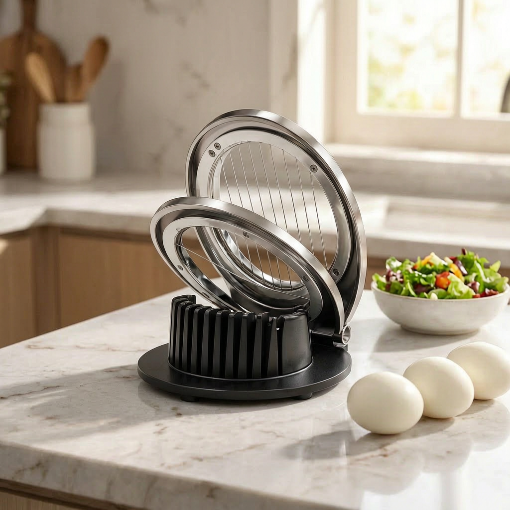 Cortador de huevos de acero inoxidable en una cocina luminosa