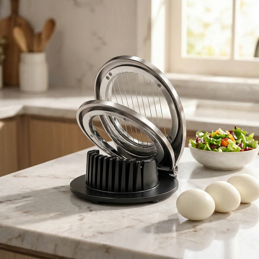 Cortador de huevos de acero inoxidable en una cocina luminosa
