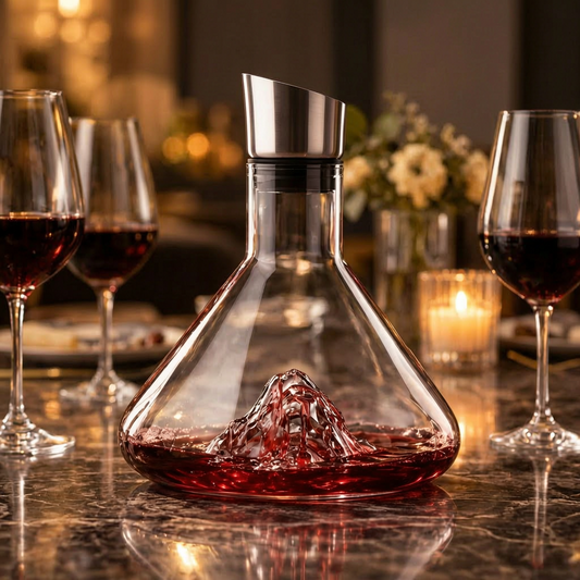 Decantador de vino con diseño de montaña en un comedor elegante