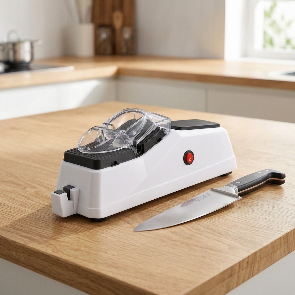 Afilador eléctrico de cuchillos en una cocina luminosa