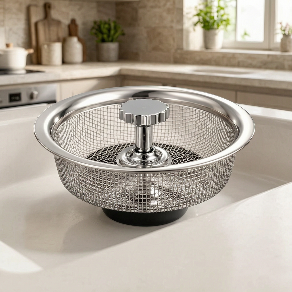 Colador de fregadero de acero inoxidable en una cocina luminosa