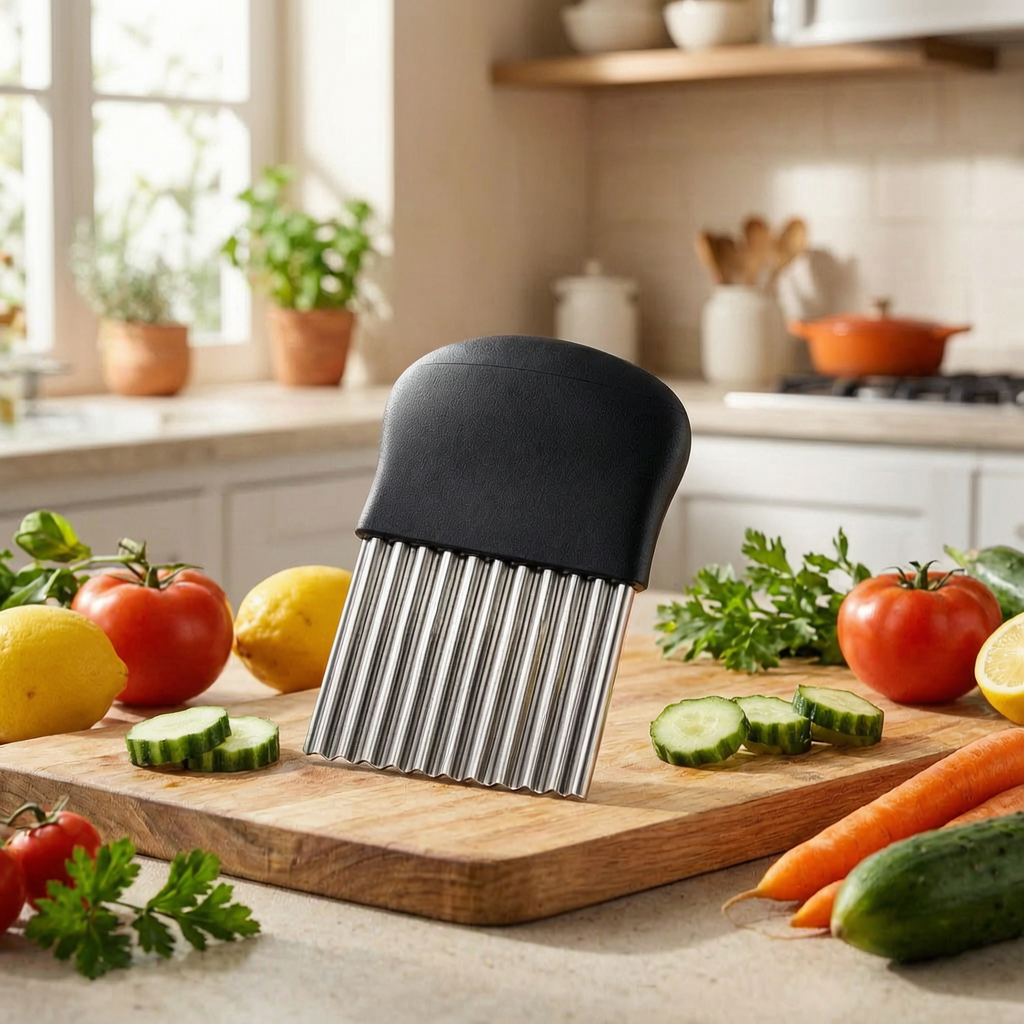 Cuchillo ondulado sobre una tabla con verduras