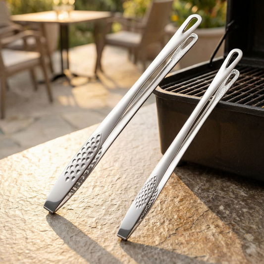 Pinzas de barbacoa de acero inoxidable en una terraza soleada