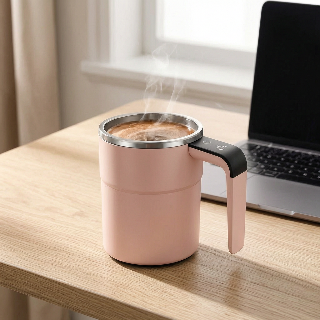 Taza de viaje con agitación automática en un escritorio