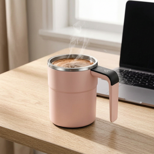 Taza de viaje con agitación automática en un escritorio
