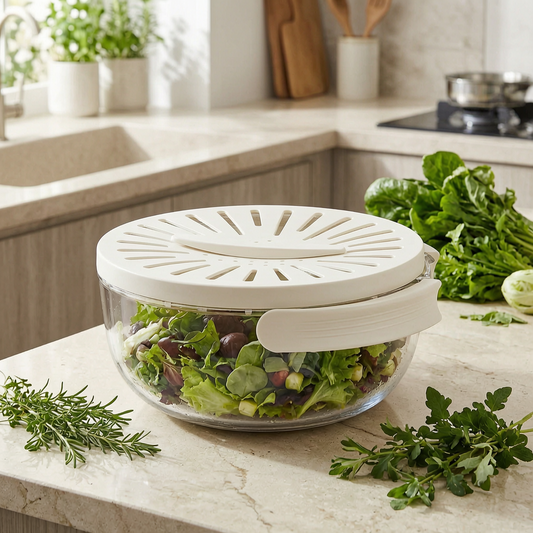 Escurridor tipo cuenco con verduras en una cocina luminosa