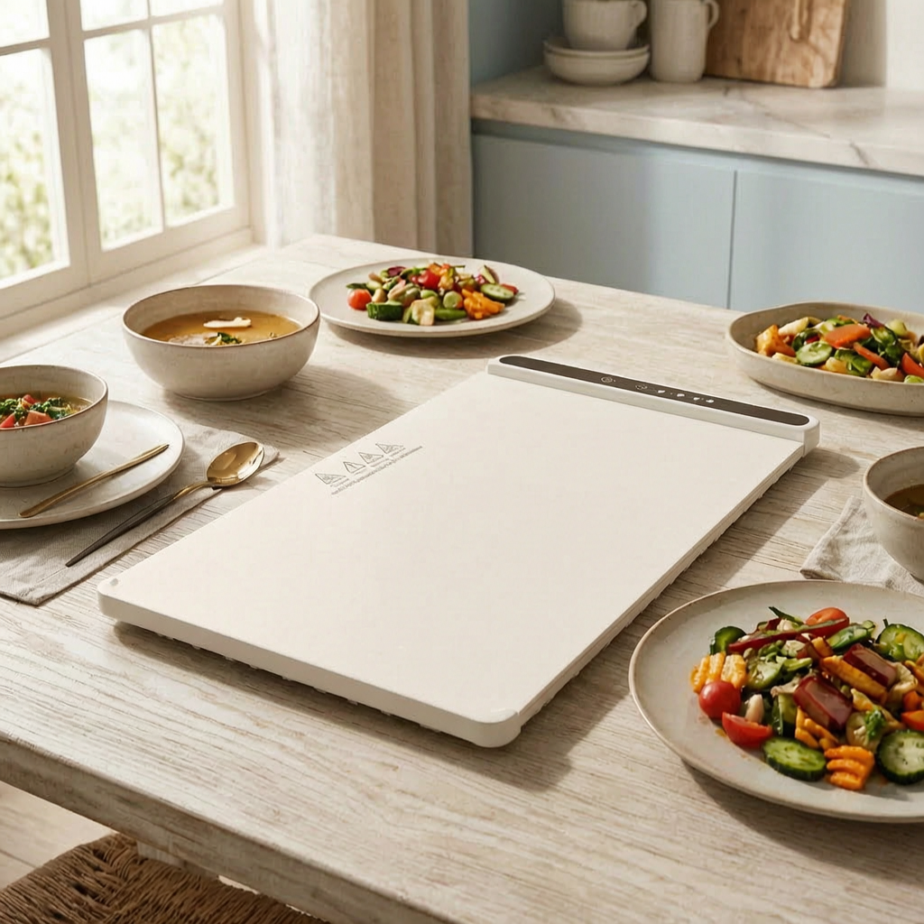 Alfombrilla calientaplatos eléctrica en una mesa de comedor