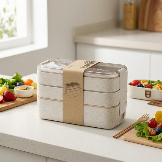 EcoStack fiambrera bento de 3 niveles en una cocina luminosa