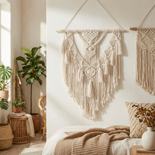 Colgante de macramé bohemio en la pared de un salón