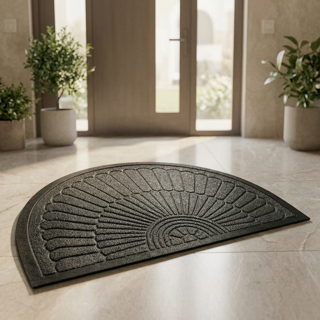 Felpudo semicircular de goma en la entrada de una casa
