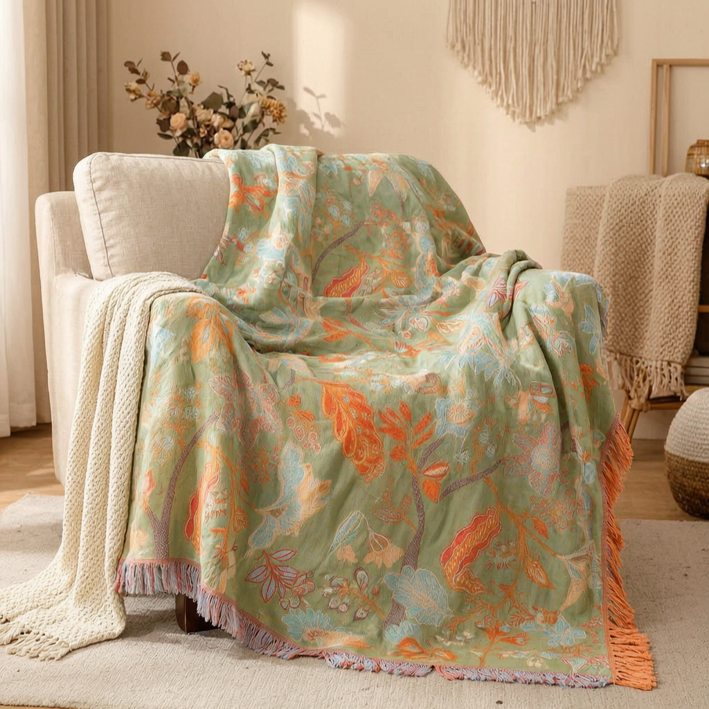 Manta floral bohemia con flecos en un salón acogedor