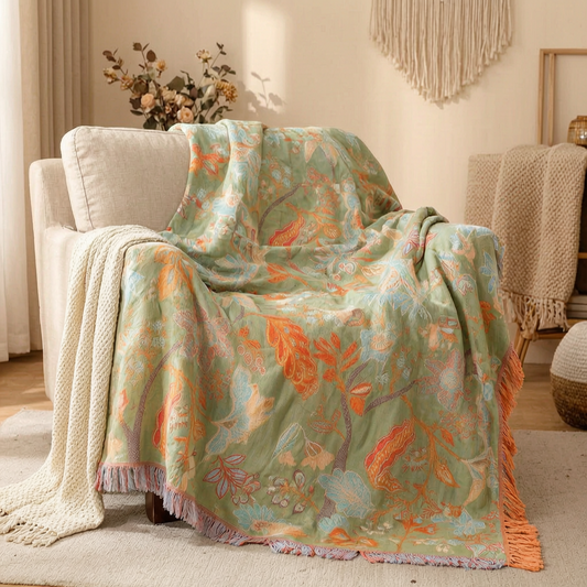 Manta floral bohemia con flecos en un salón acogedor