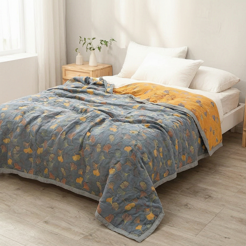 Manta reversible de hojas sobre una cama
