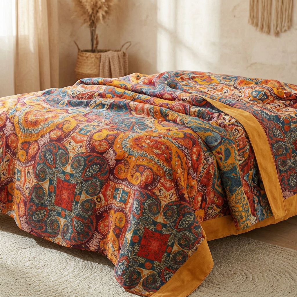 Manta reversible bohemia sobre una cama