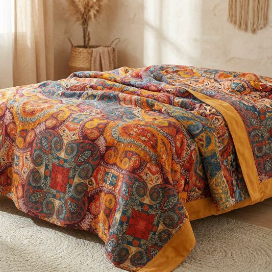 Manta reversible bohemia sobre una cama