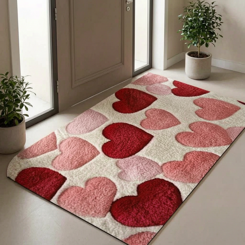Felpudo con corazones en la entrada de una casa