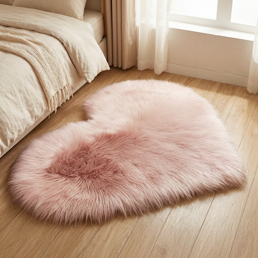 Alfombra de felpa en forma de corazón en un dormitorio