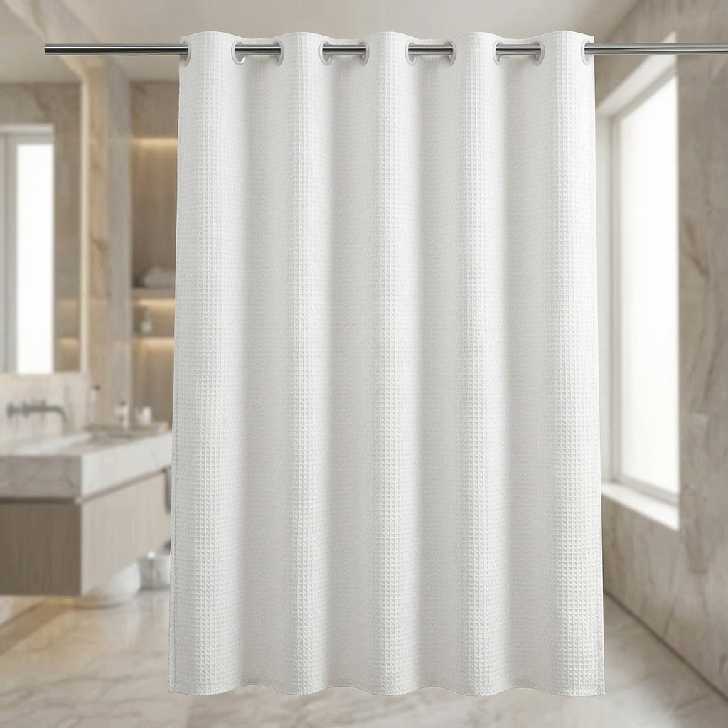 Cortina de ducha de gofre en un baño luminoso