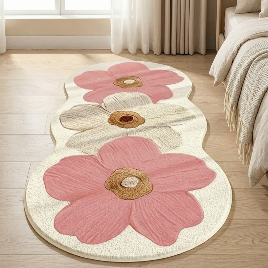 Alfombra floral irregular en un dormitorio luminoso