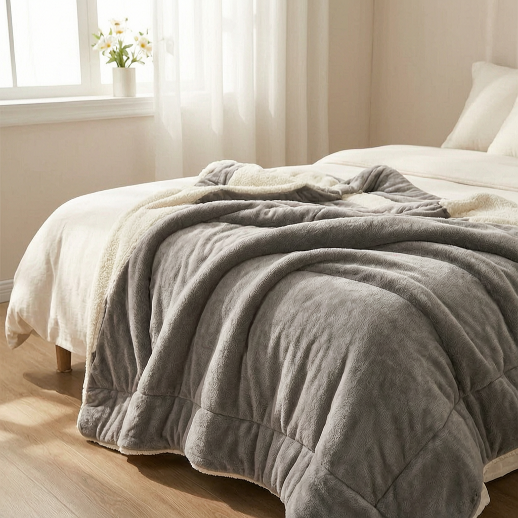 Manta de franela a los pies de una cama
