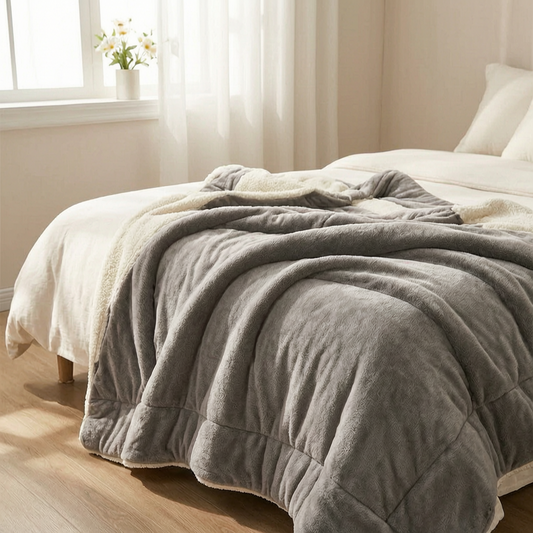 Manta de franela a los pies de una cama