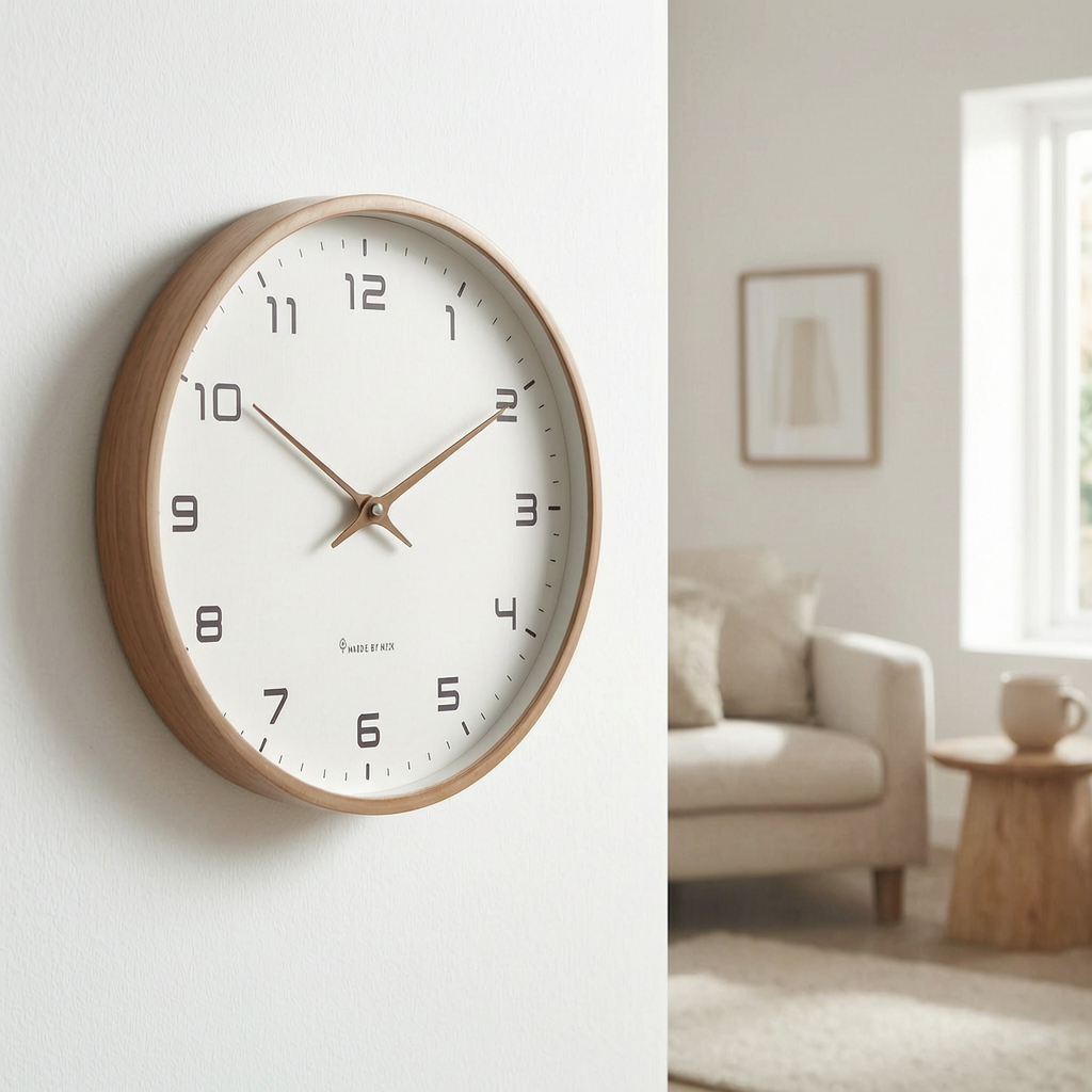 Reloj de pared nórdico en un salón luminoso