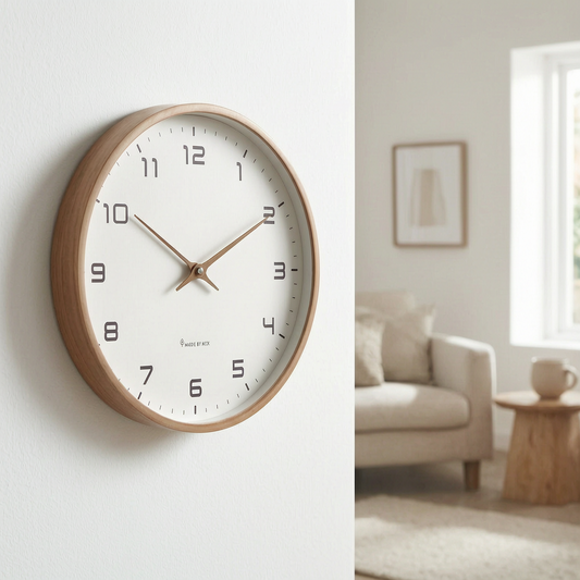 Reloj de pared nórdico en un salón luminoso