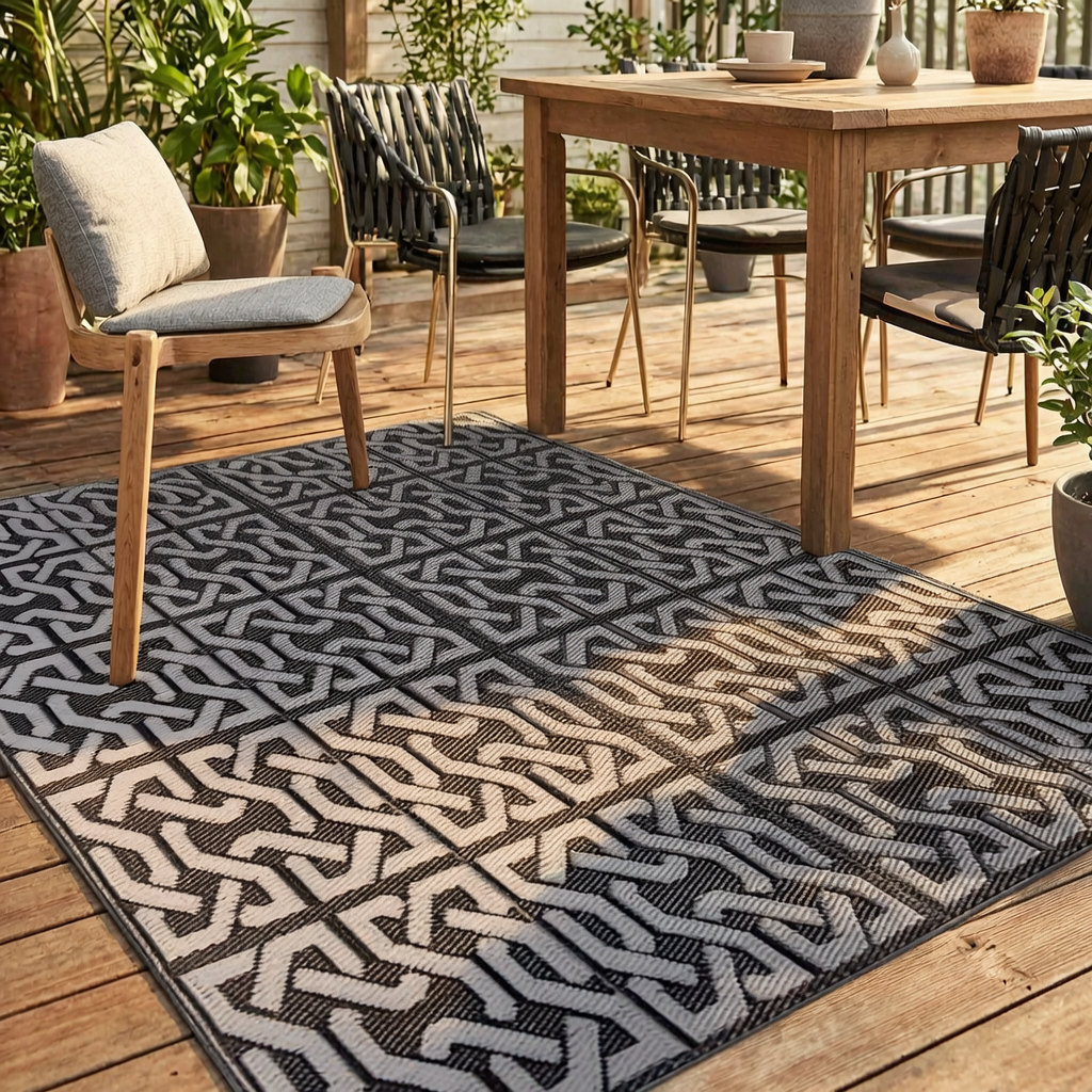 Alfombra exterior reversible en una terraza soleada
