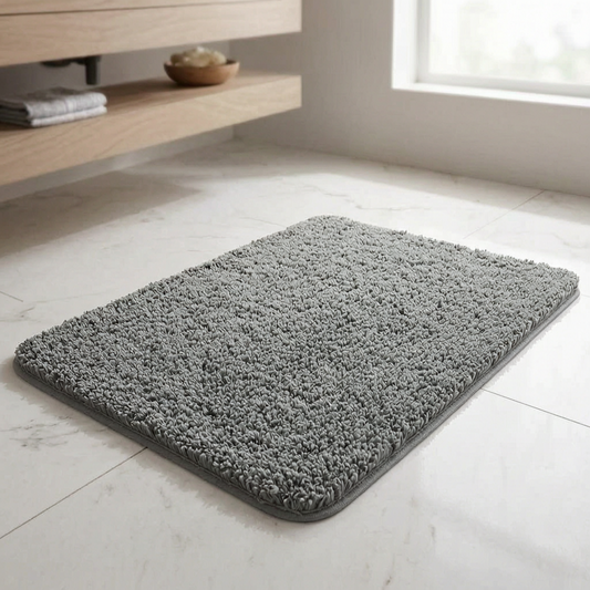 Alfombra de baño de felpa en un baño luminoso