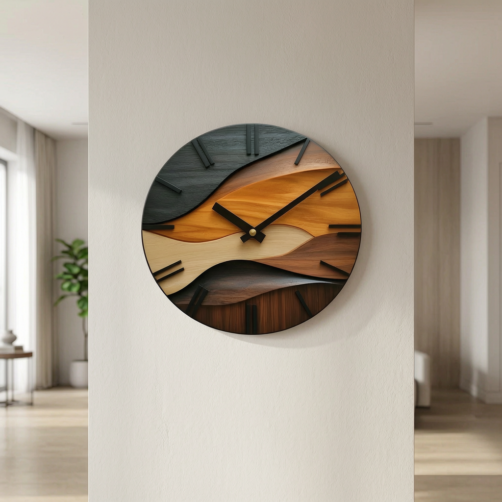 Reloj de pared redondo artístico en un salón luminoso
