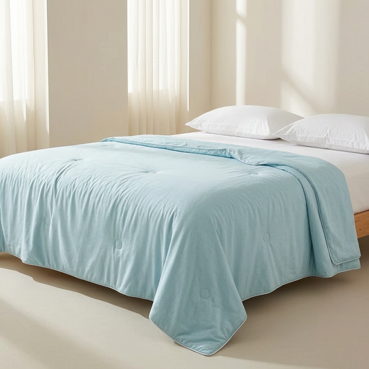Manta refrescante ligera sobre una cama de verano