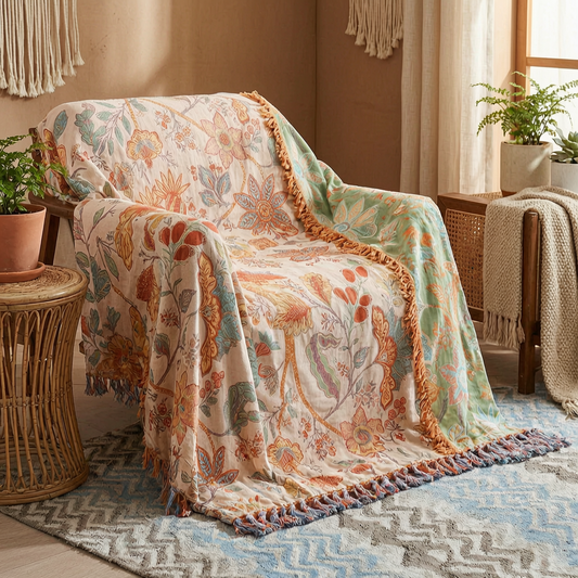 Manta floral bohemia con flecos sobre un sillón
