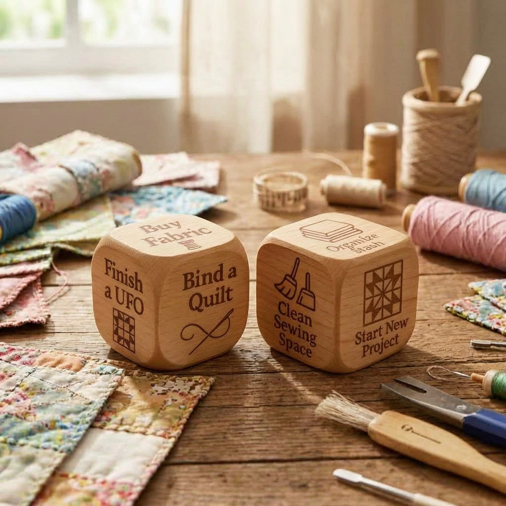 Dados de madera para acolchado en una mesa de costura