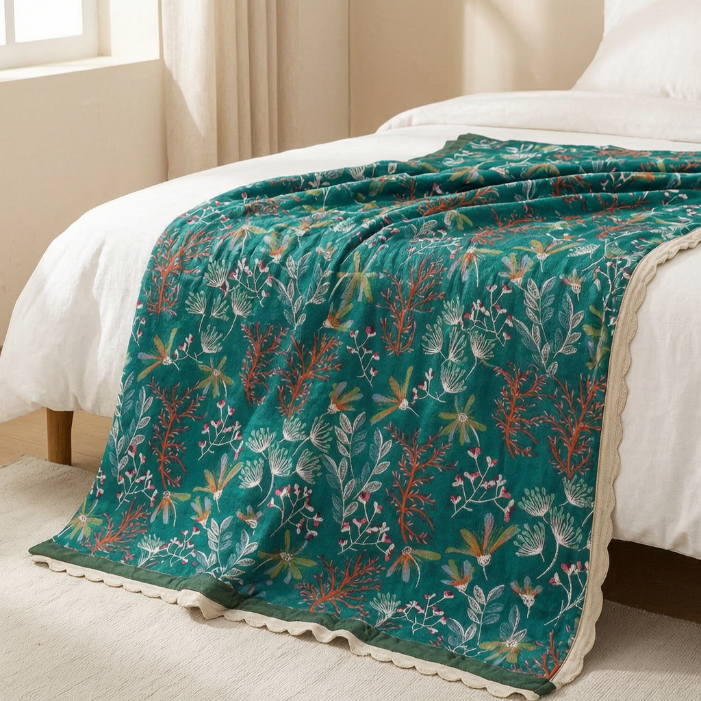 Manta de algodón floral sobre una cama