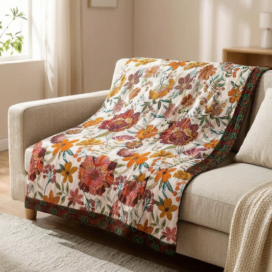 Manta reversible de algodón floral sobre un sofá