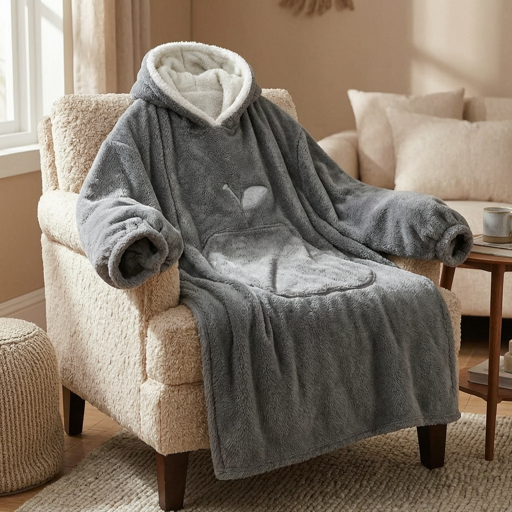 Manta ponible con capucha sobre un sillón