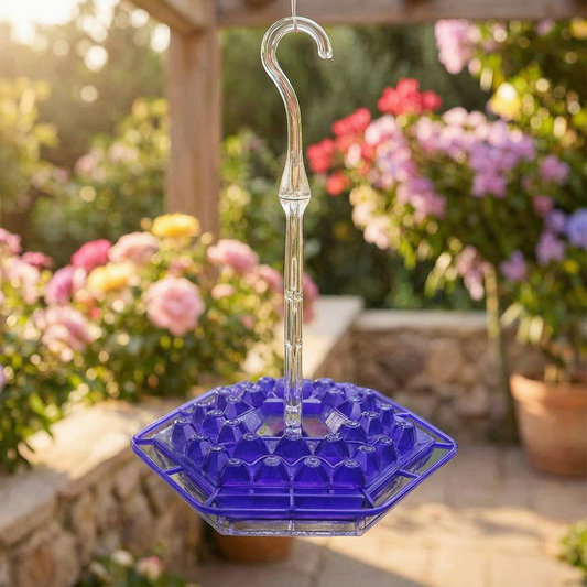 Bebedero para colibríes en una terraza con flores