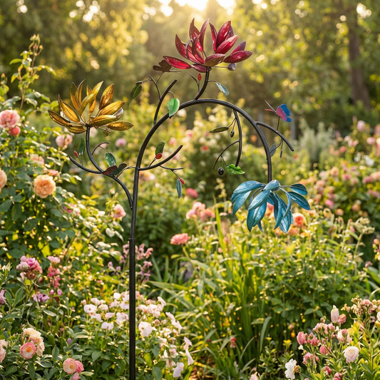Móvil de viento con mariposas en un jardín soleado