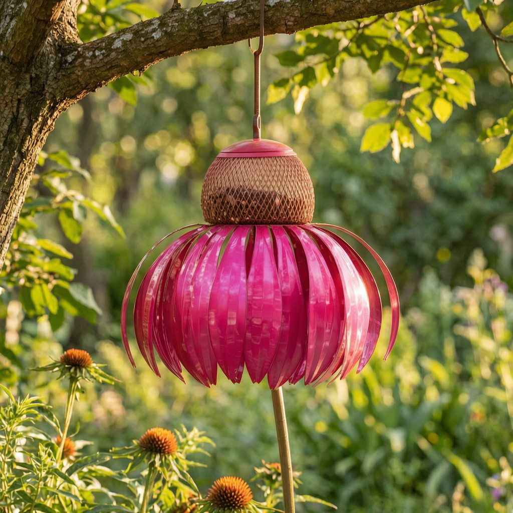 Comedero de pájaros con girasol en un jardín