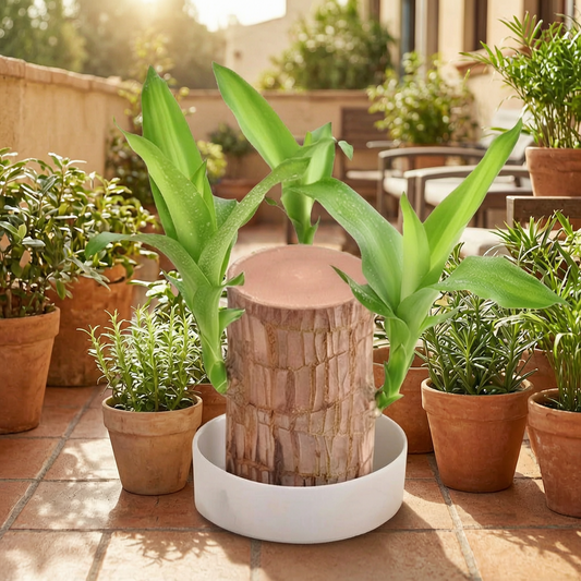 Estantería de madera para plantas en una terraza soleada