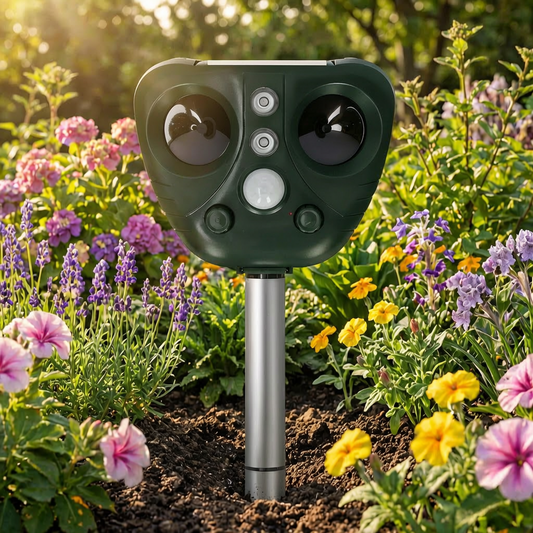 Repelente solar para aves en un jardín con flores