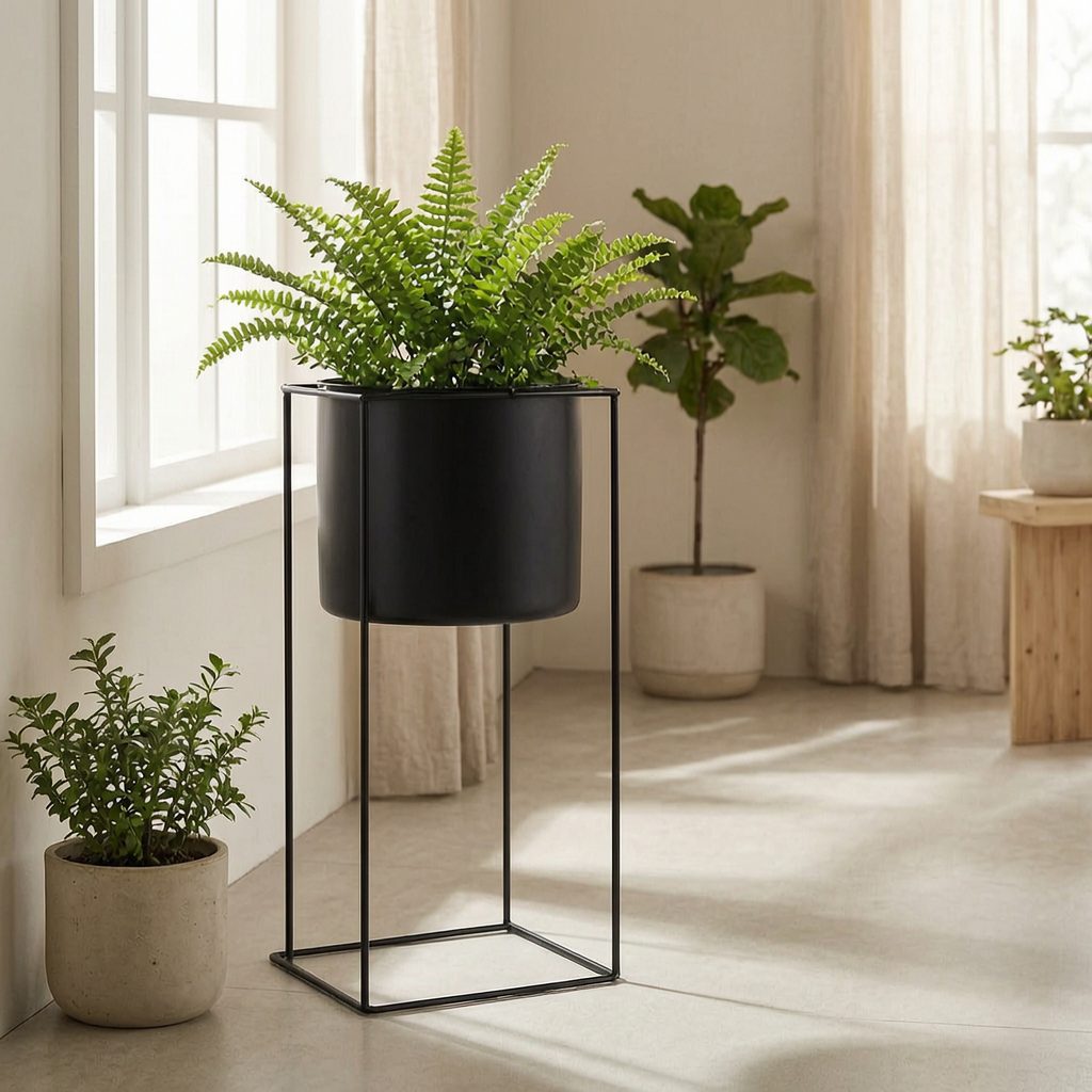 Soporte de metal para plantas en un salón luminoso