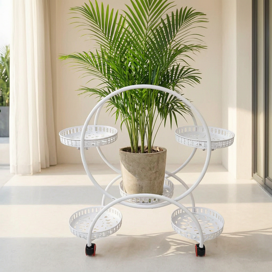 Soporte con ruedas para plantas con una planta grande